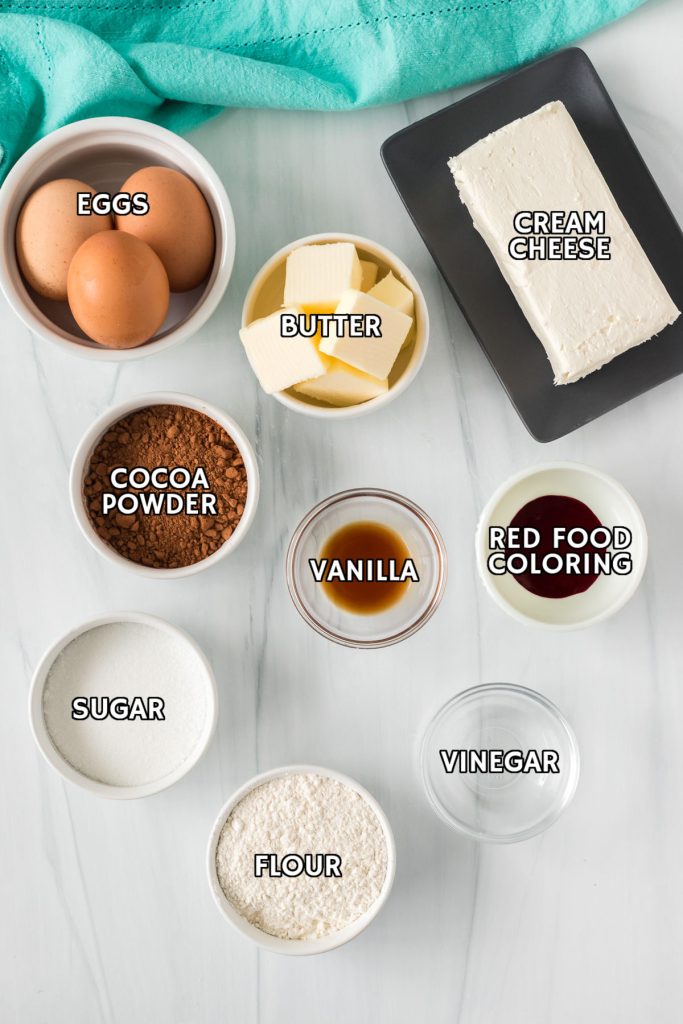 overhead shot of labeled ingredients laid out to make red velvet brownies.