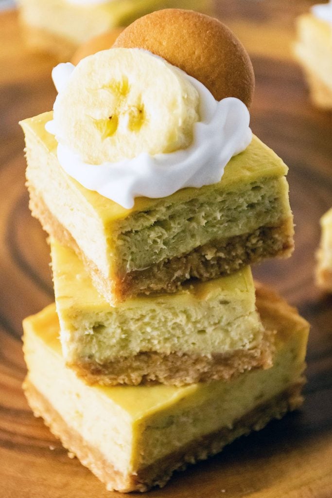 stack of 3 banana pudding cheesecake squares.