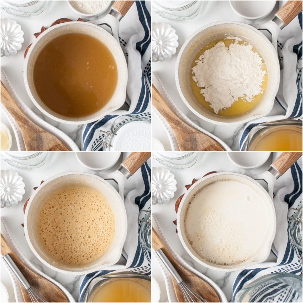 collage of 4 photos showing the process of making cream of chicken soup substitute.