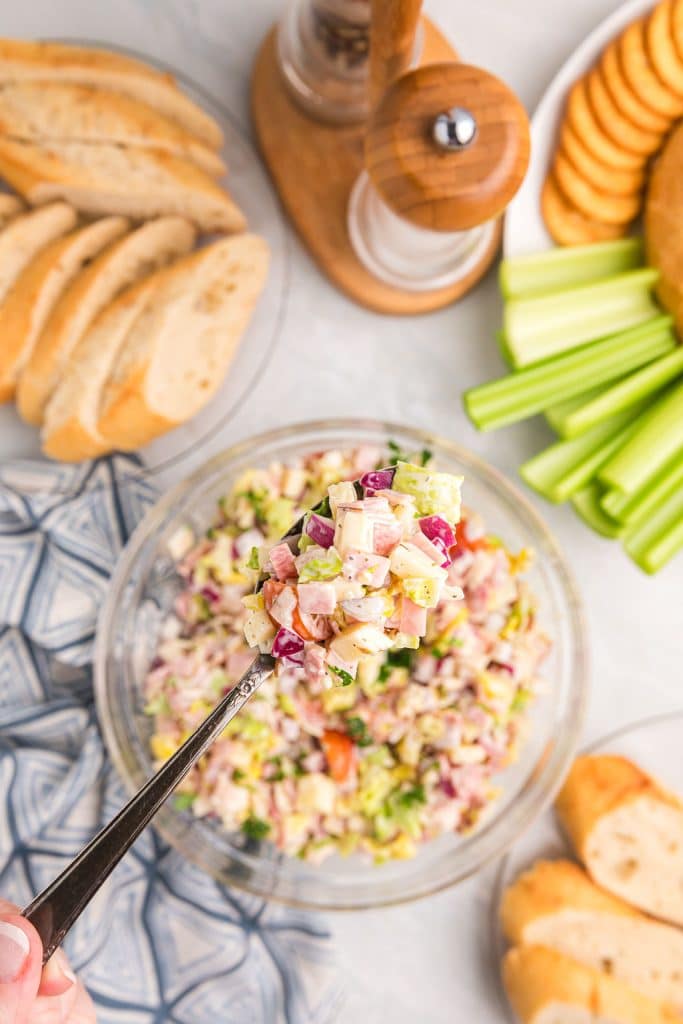 spoon lifting a bowl of hoagie dip from a bowl.