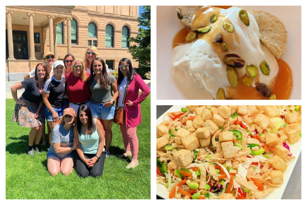 collage of photos showing bloggers in front of world prize food hall & dishes made with tofu.