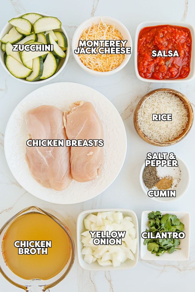 overhead shot of labeled ingredients laid out to make chicken tortilla soup.