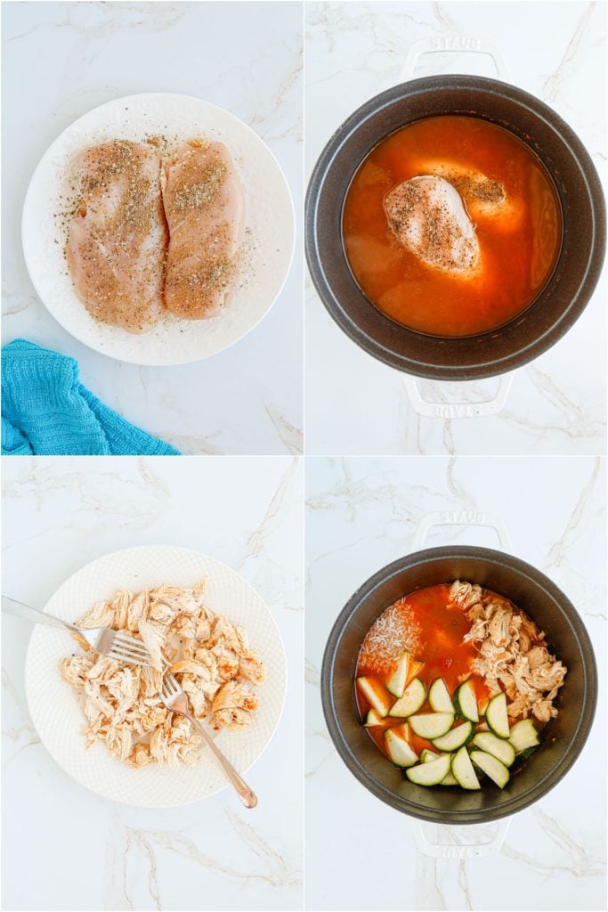 collage of 4 photos showing the process of making on the border copycat chicken tortilla soup.