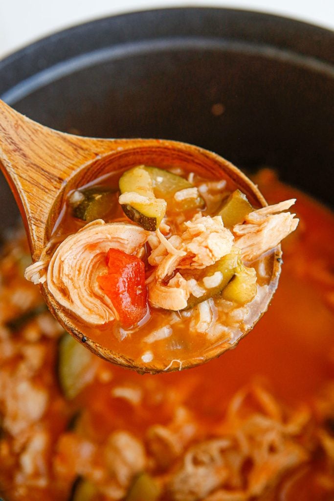 wooden ladle scooping tortilla soup from a soup pot.