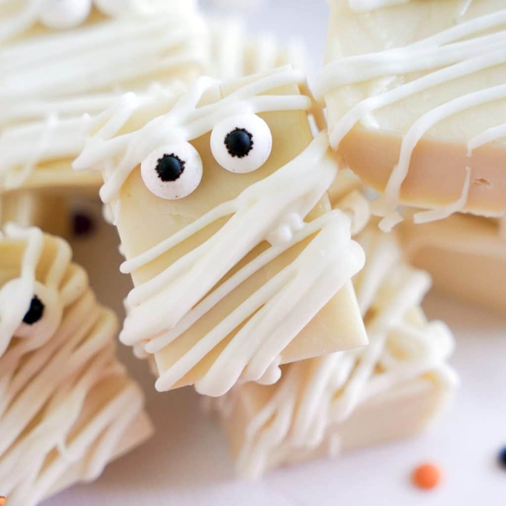 overhead shot of mummy fudge for halloween.