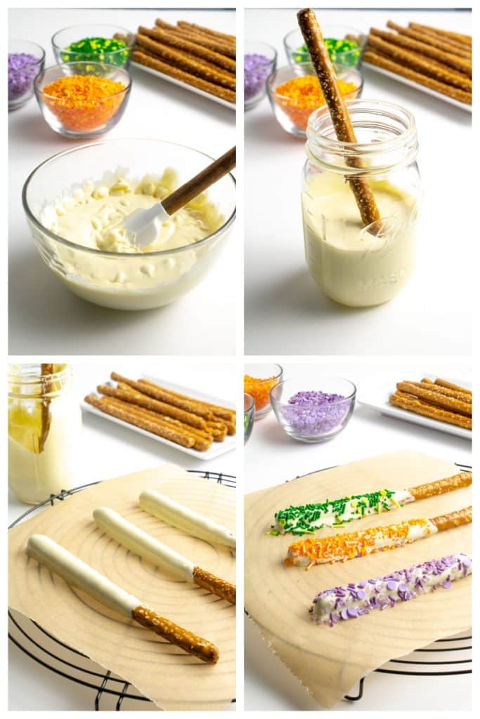 collage of 4 photos showing the process of making chocolate covered halloween pretzels. 