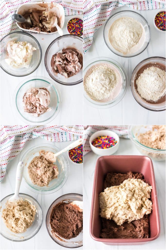 collage of 4 photos showing the process of making neapolitan ice cream bread.