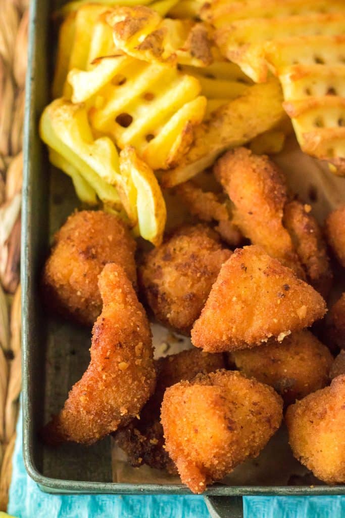 overhead shot of nuggets & waffle fries.