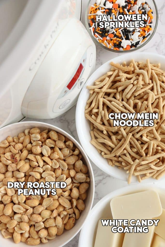 overhead shot of labeled ingredients laid out to make haystacks in a crockpot.