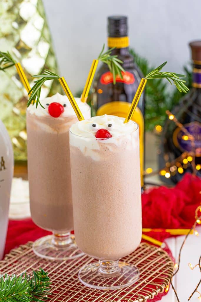 drunken rudolph milkshake in tall glass.