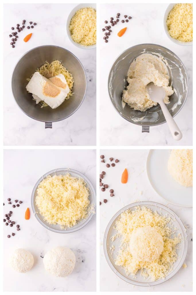 collage of 4 photos showing the process of mixing cheeses for a cheese ball.