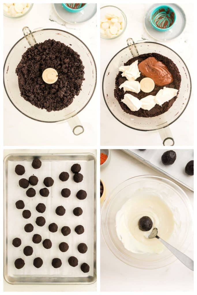 collage of 4 photos showing the process of making nutella oreo malls.
