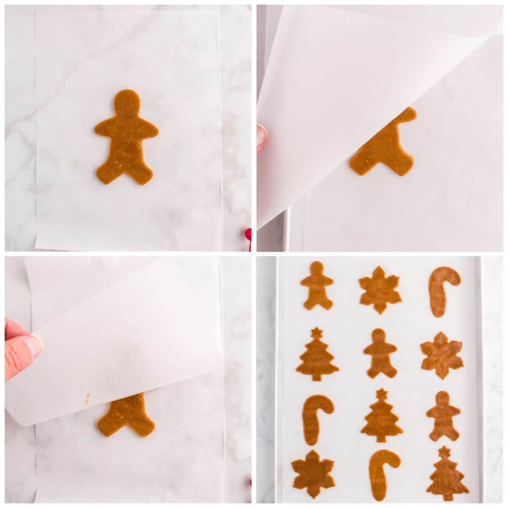collage of 4 photos showing how to cleaning cut gingerbread cookies.