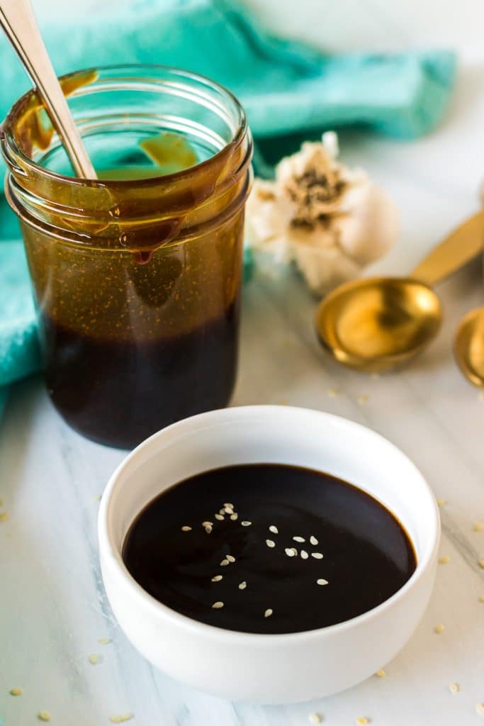 homemade teriyaki sauce in a white bowl.
