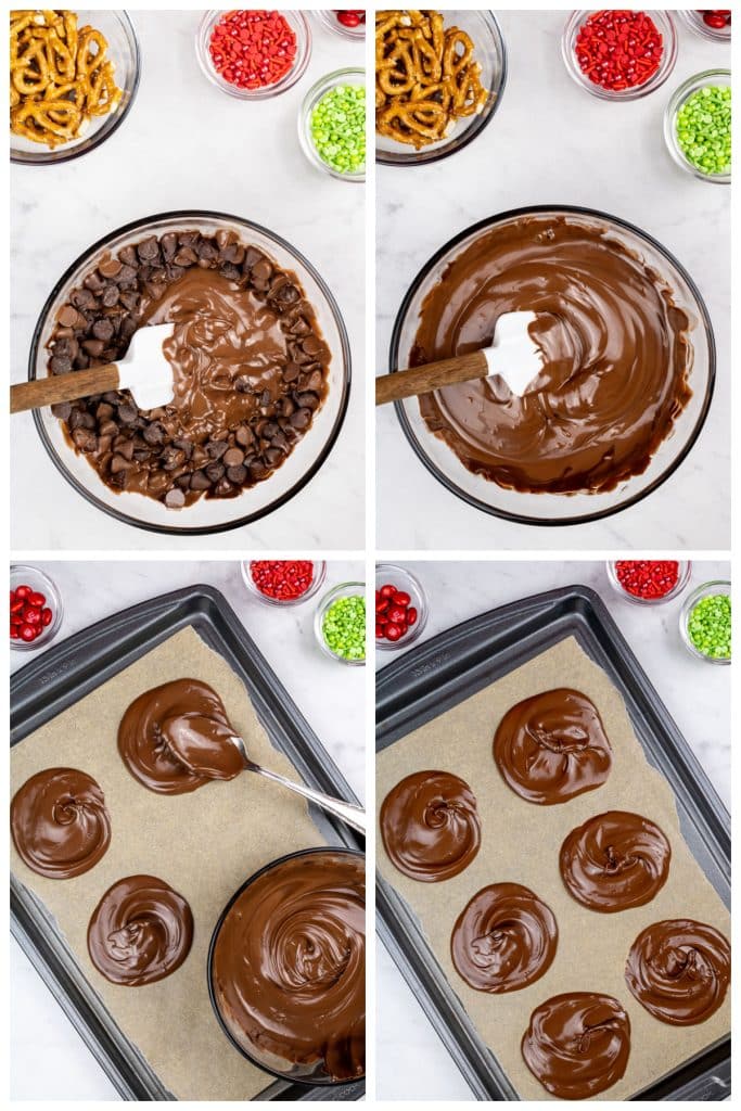 collage of 4 photos showing melted chocolate for bark.