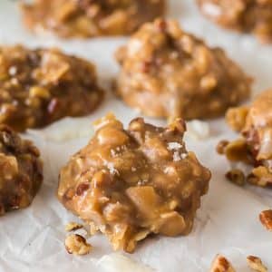 no bake praline pecan cookie on parchment paper.