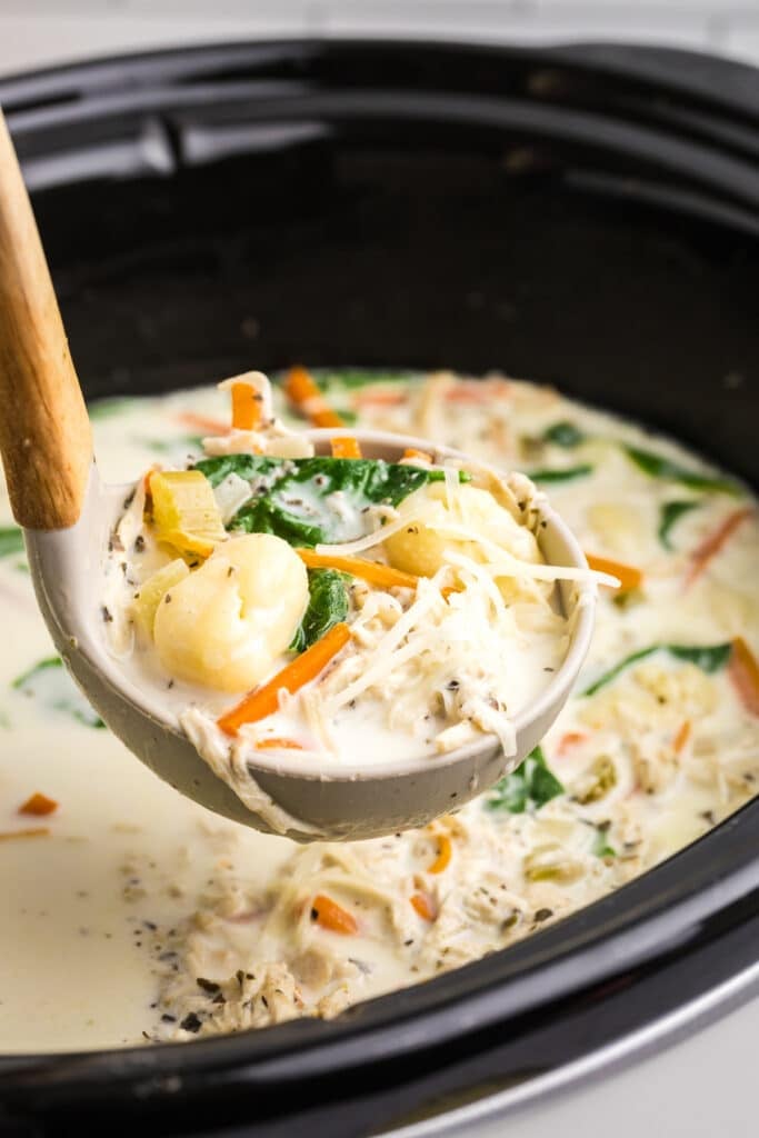 ladle lifting a scoop of chicken gnocchi soup from a slow cooker.