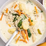 overhead shot of a bowl of chicken gnocchi soup.