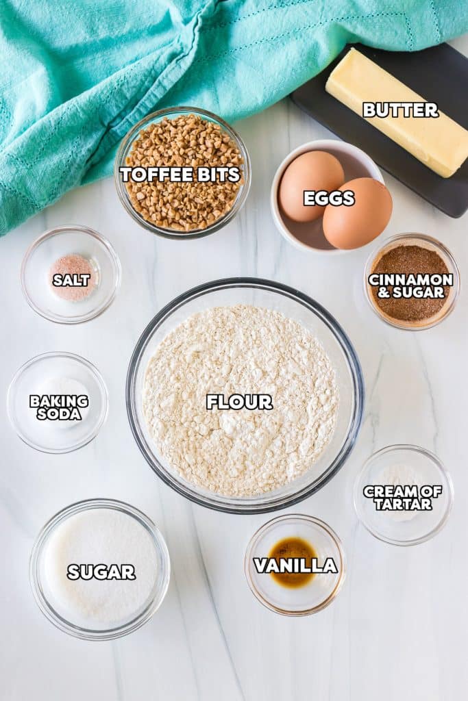 overhead shot of labeled ingredients laid out to make toffee doodles.
