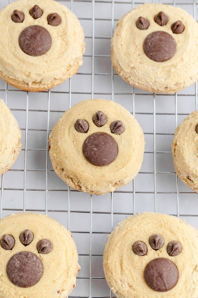 overhead shot of bear paw cookies on a wire rack.