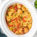 honey garlic chicken & noodles in a white slow cooker.
