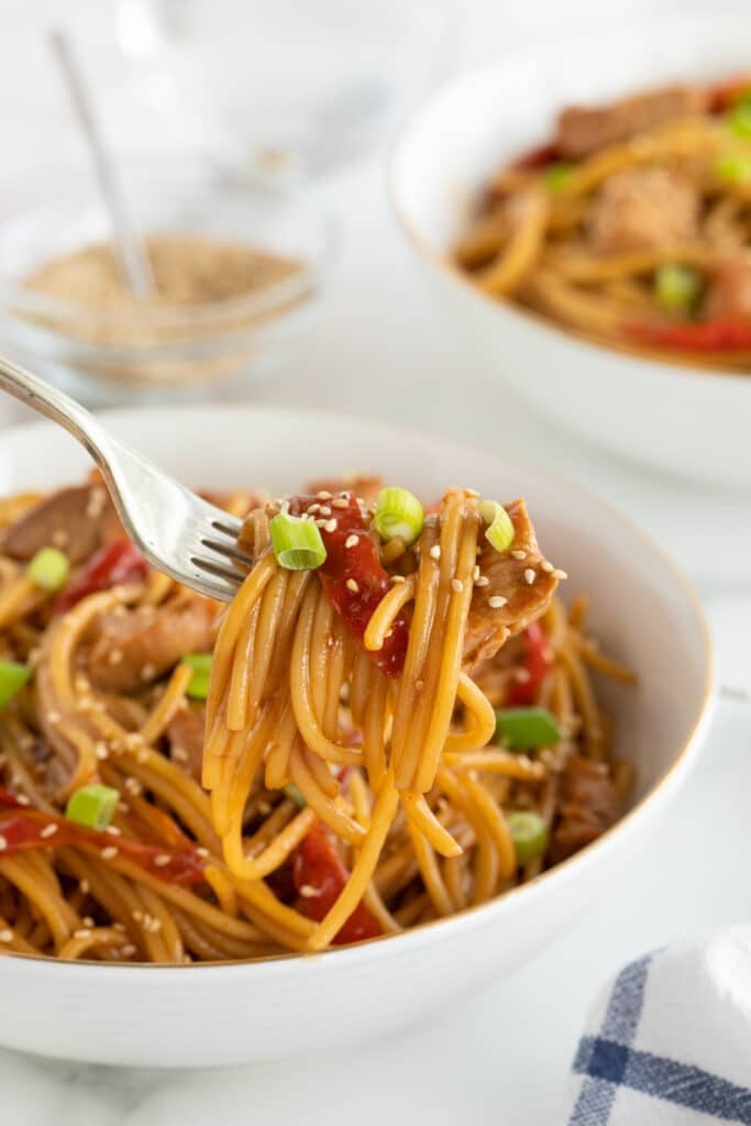 fork lifting a bite of noodles from a bowl.