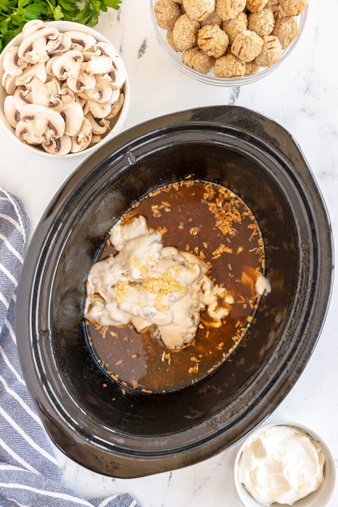 overhead shot of sauce in a crockpot.