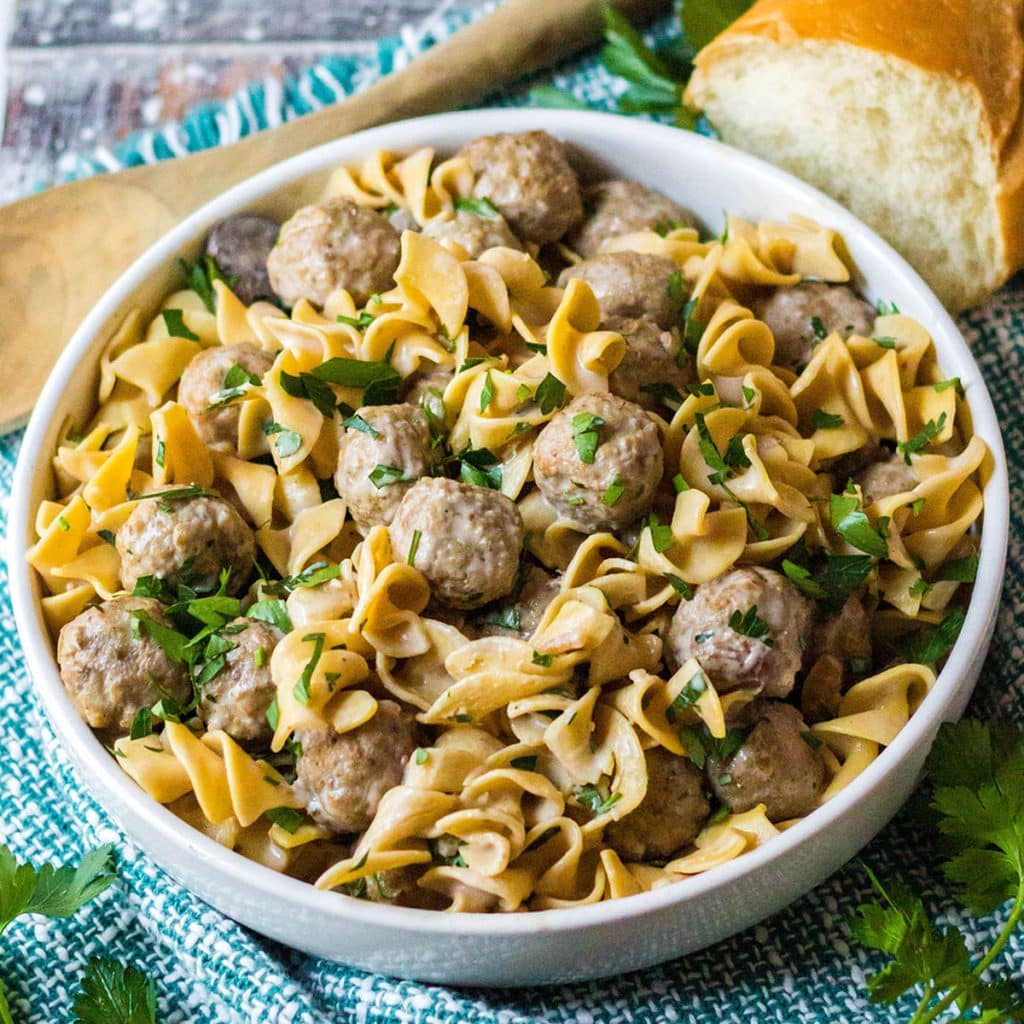 overhead shot of large bowl of meatball stroganoff.