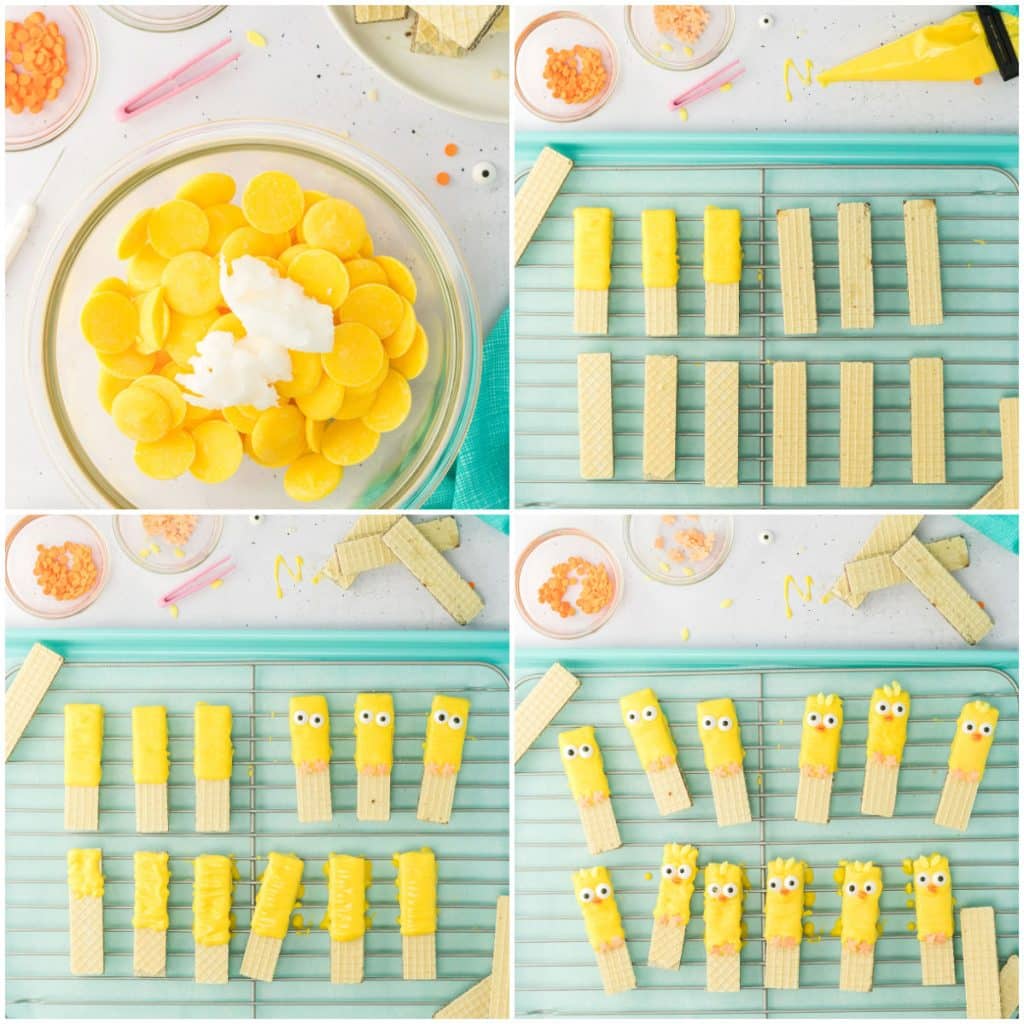collage of 4 photos showing the process of dipping wafer cookies & decorating as chicks.