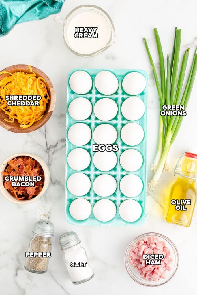 overhead shot of labeled ingredients laid out to make eggs.