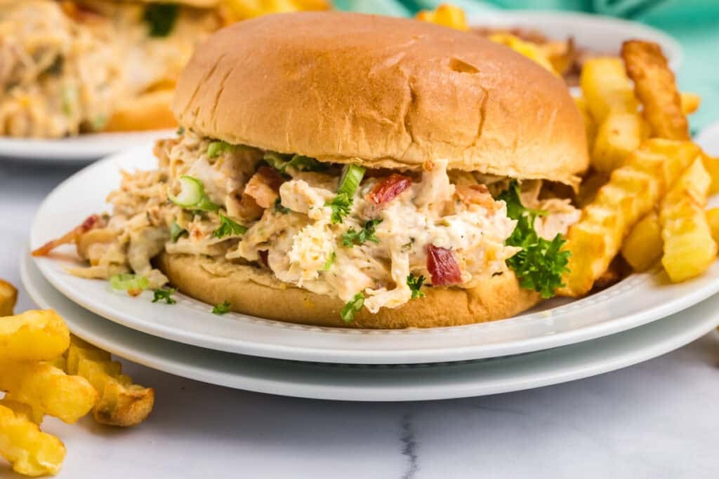 bacon ranch chicken sandwich on a plate with fries.