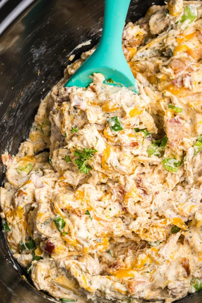 spoon lifting a scoop of bacon ranch shredded chicken from a slow cooker.
