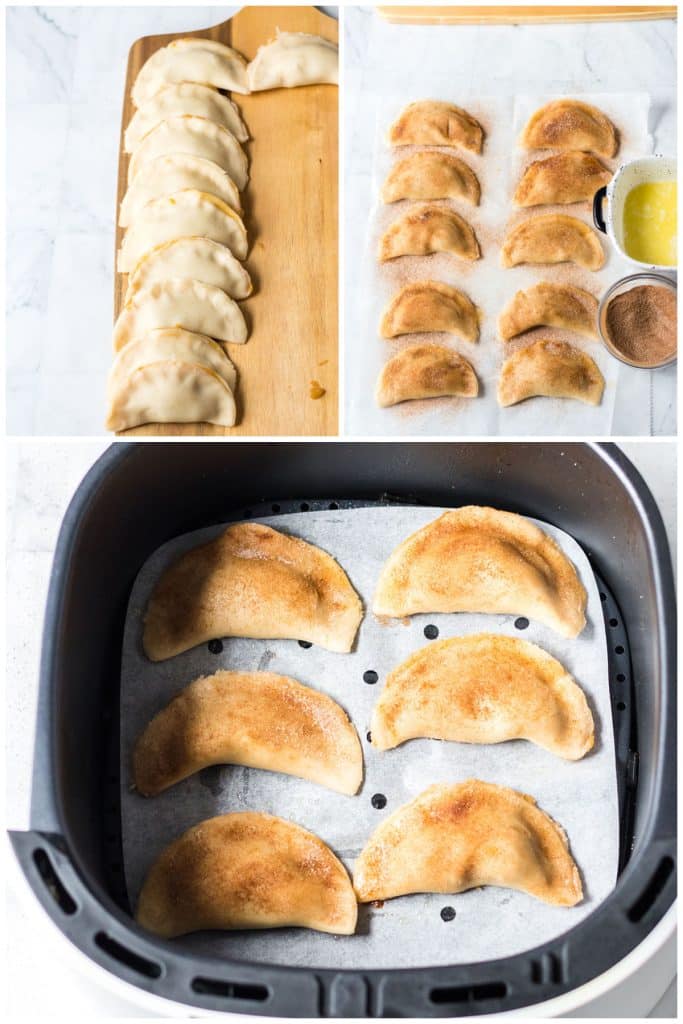 collage of three photos showing the process of making caramel apple empanadas in an air fryer.