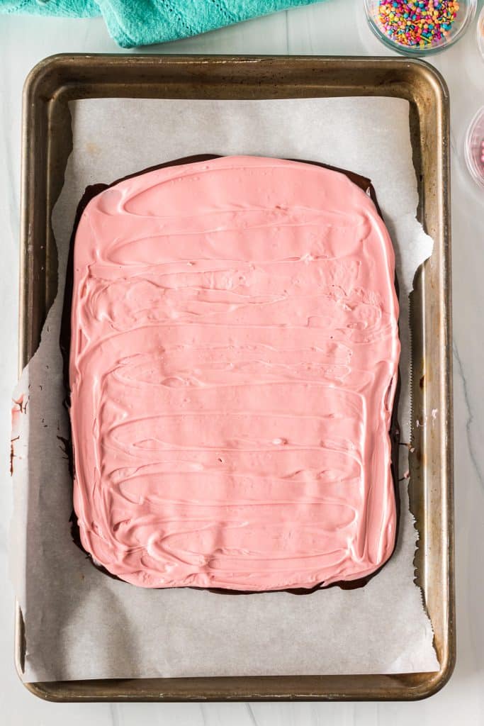 pink candy bark on parchment paper.
