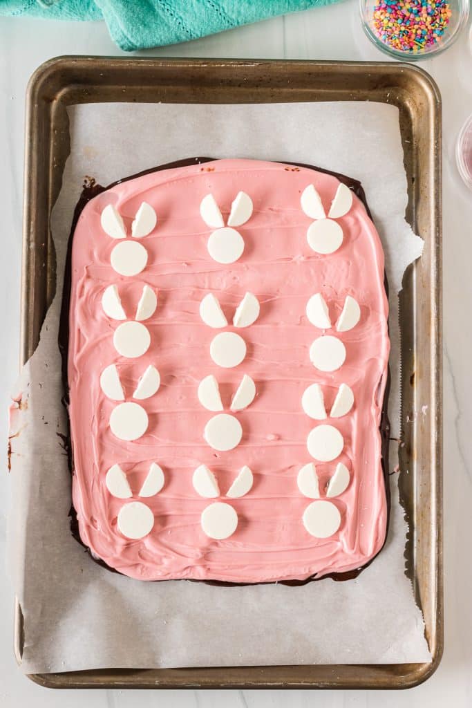 overhead shot of candy bark with white bunnies.