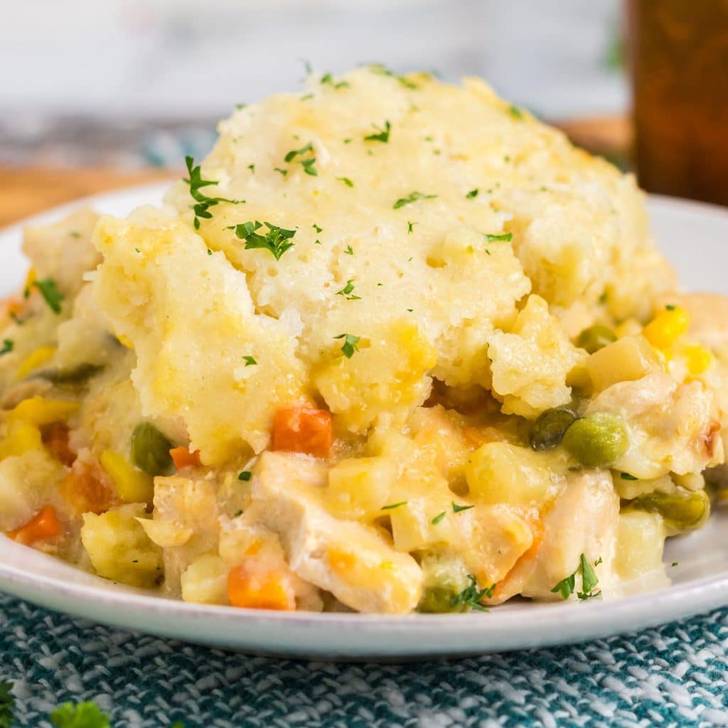 plate of chicken cobbler with mixed veggies.