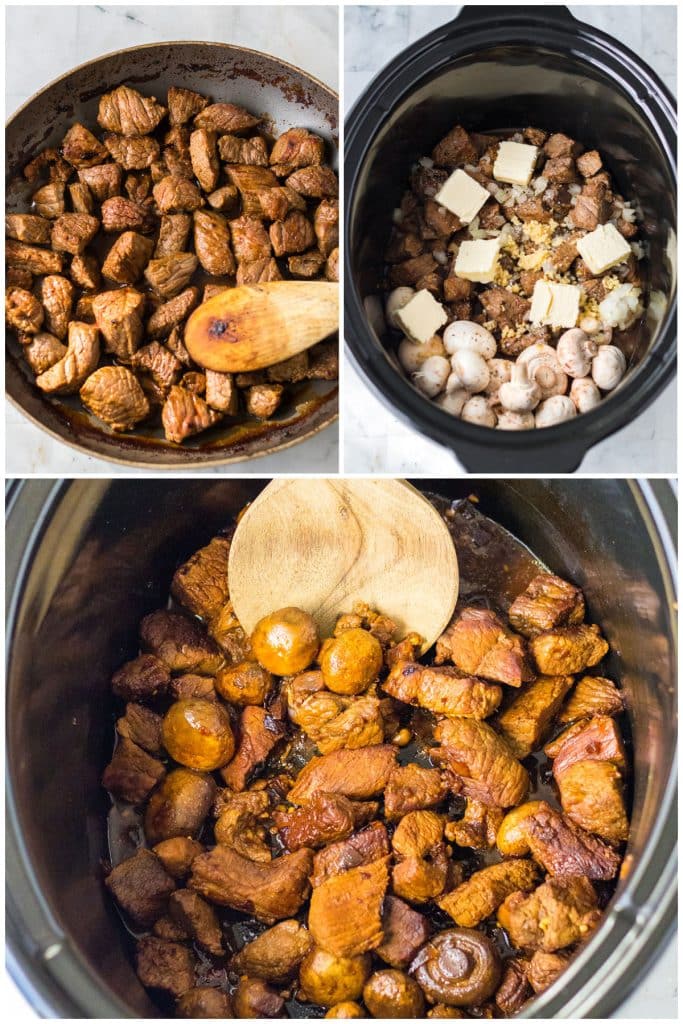 collage of 3 photos showing the process of making mushroom steak bites in a slow cooker.