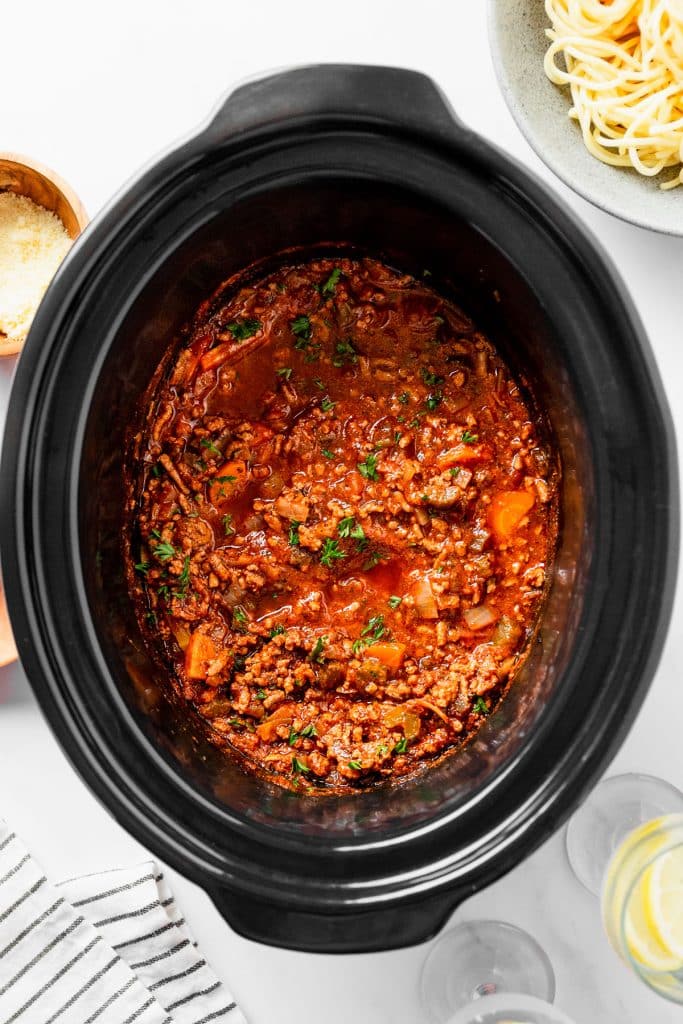 overhead shot of meat sauce in a crockpot.