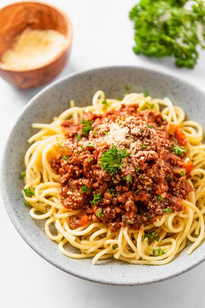 bowl of spaghetti with meat sauce.