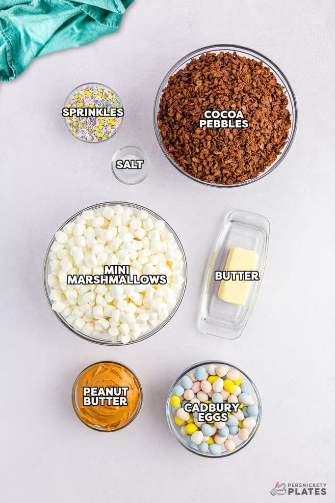 overhead shot of labeled ingredients laid out to make chocolate bird nest cookies.