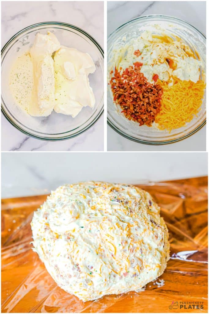 collage of 3 photos showing the process of making a cheese ball.