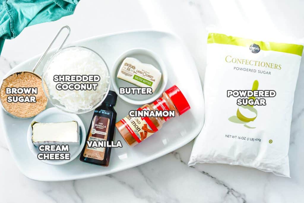 overhead shot of labeled ingredients laid out to make irish potato candy.