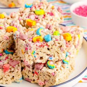 stack of lucky charms treats on a plate.
