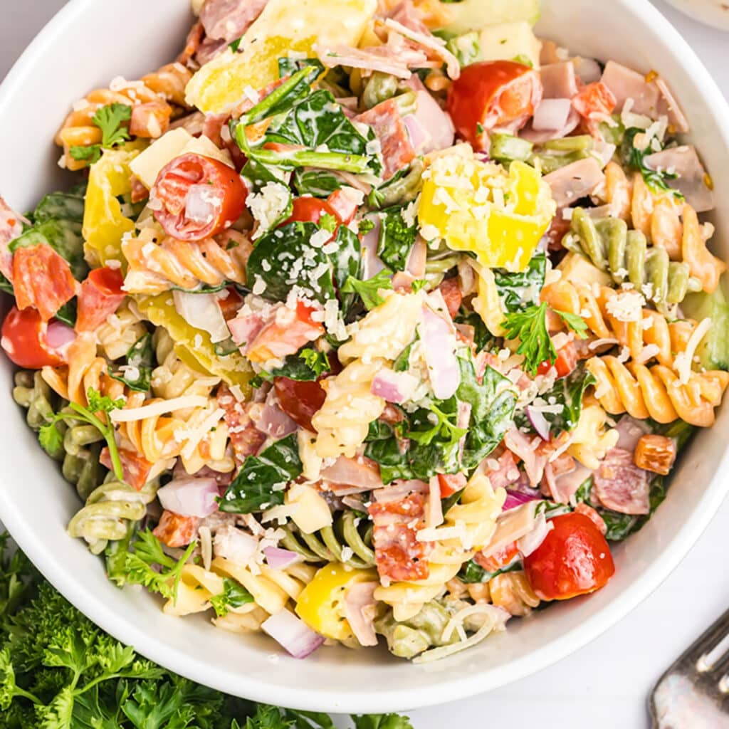 overhead shot of hoagie pasta salad in a bowl.