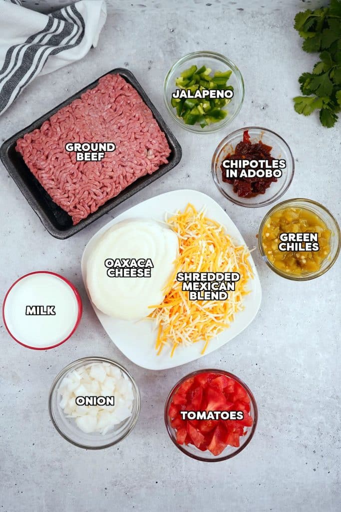 overhead shot of labeled ingredients to make smoked queso.