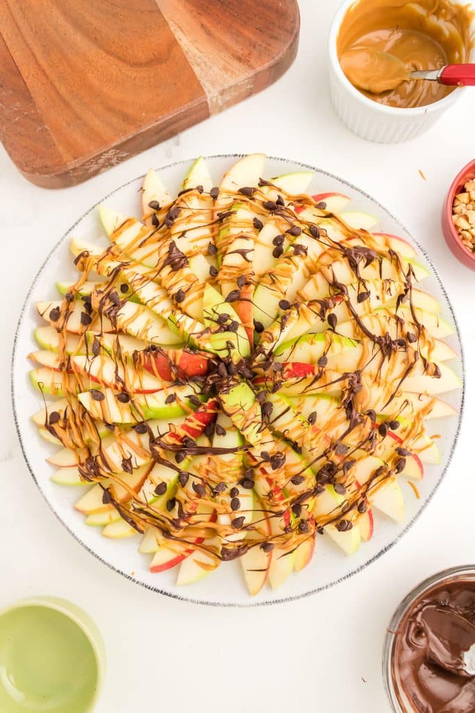 apple slices drizzled with chocolate and peanut butter.