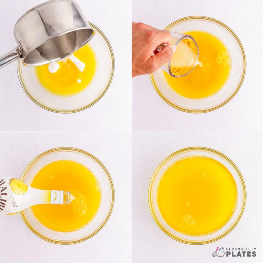 collage of 4 photos showing the process of making rum jello shots.