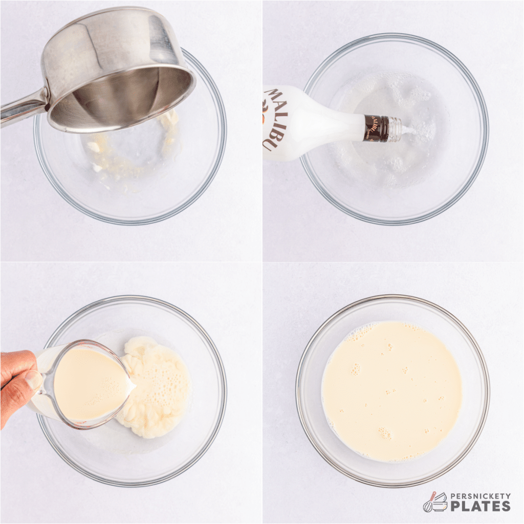 collage of 4 photos showing the process of making rum jelly shots.