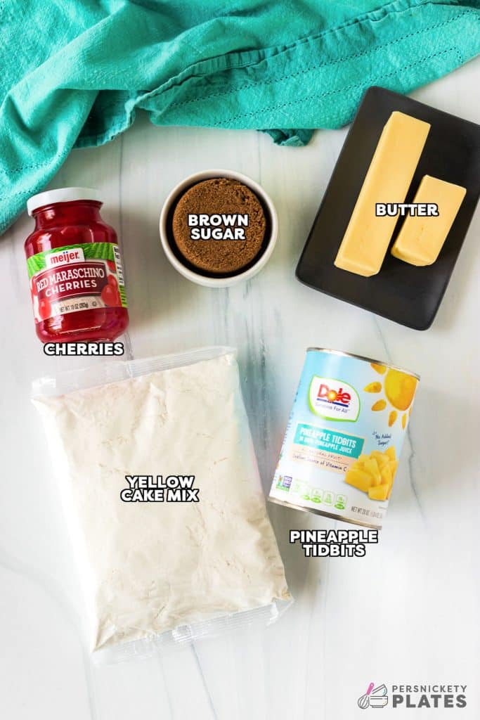 overhead shot of ingredients laid out to make pineapple dump cake.