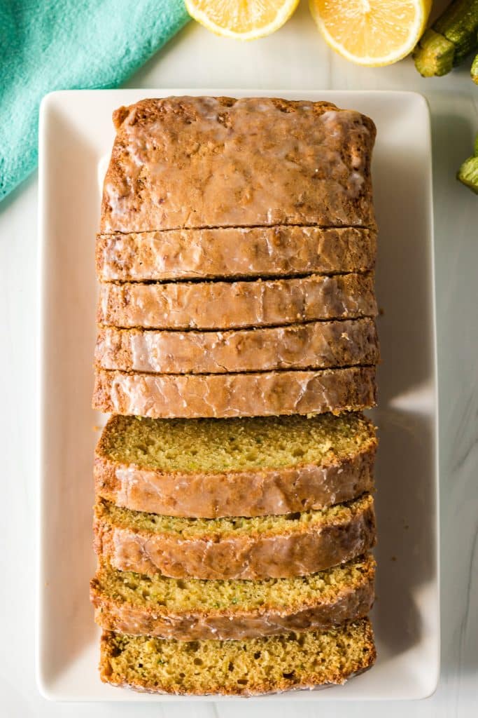overhead shot of sliced lemon zucchini bread.